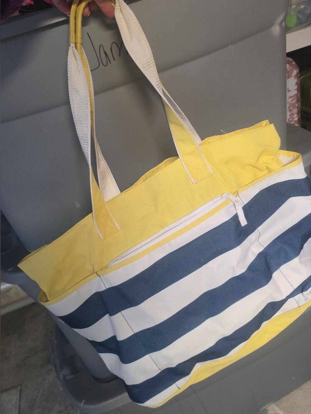 Striped Yellow and Navy Canvas Beach Bag with Exterior Zip Pocket